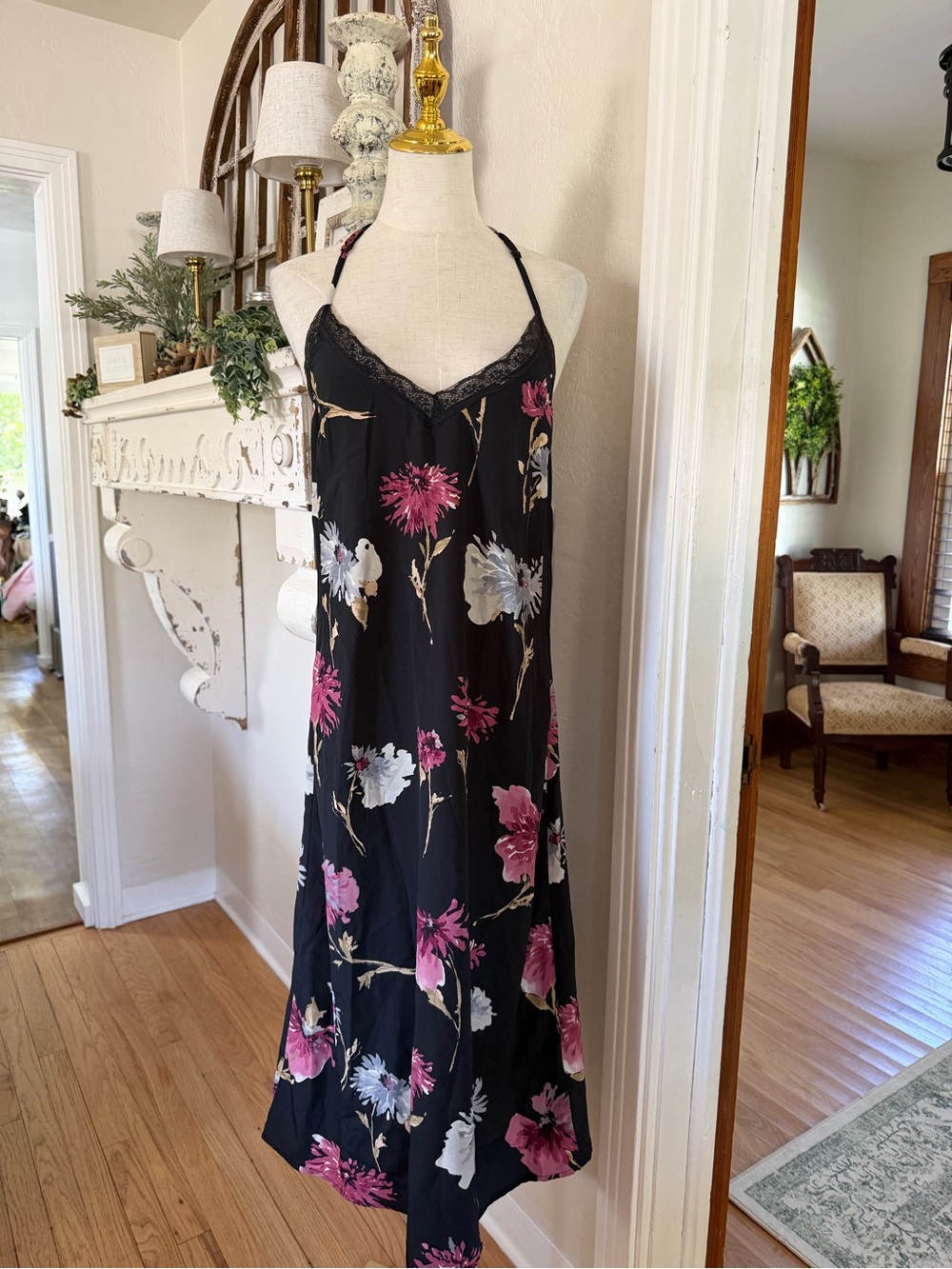 Band of Gypsies Black Midi Slip Dress with Pink & White Floral Print